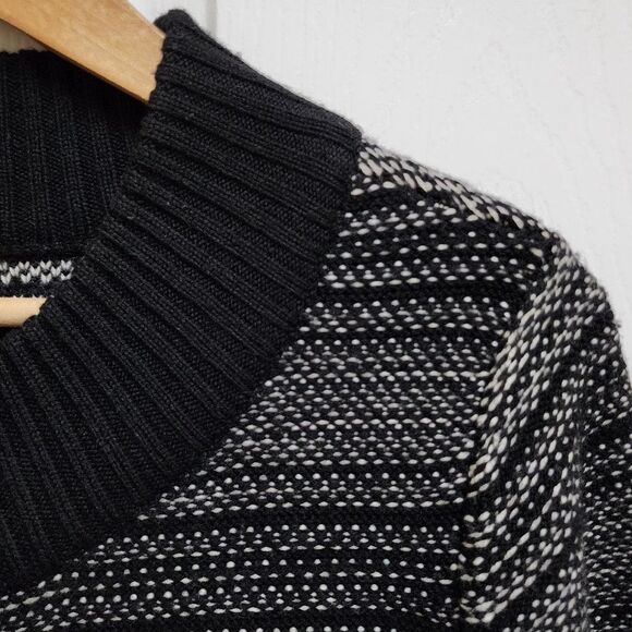 Talbots Sweater Womens PM Black Striped Merino Wool Knit Cardigan Button Belted - Picture 9 of 11